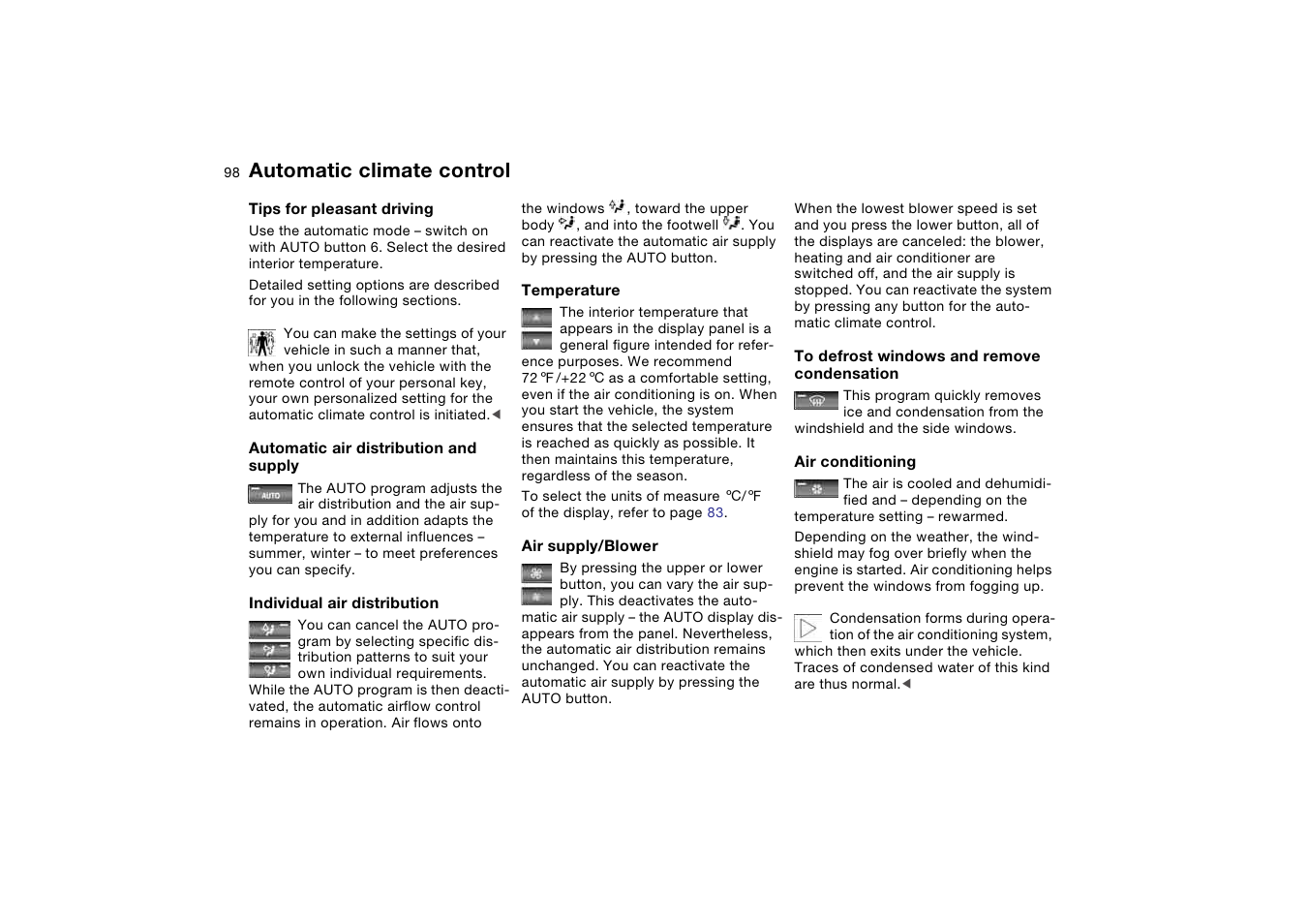 Supply, Individual air distribution, Condensation | Automatic climate control | BMW M3 Convertible 2004 User Manual | Page 98 / 174