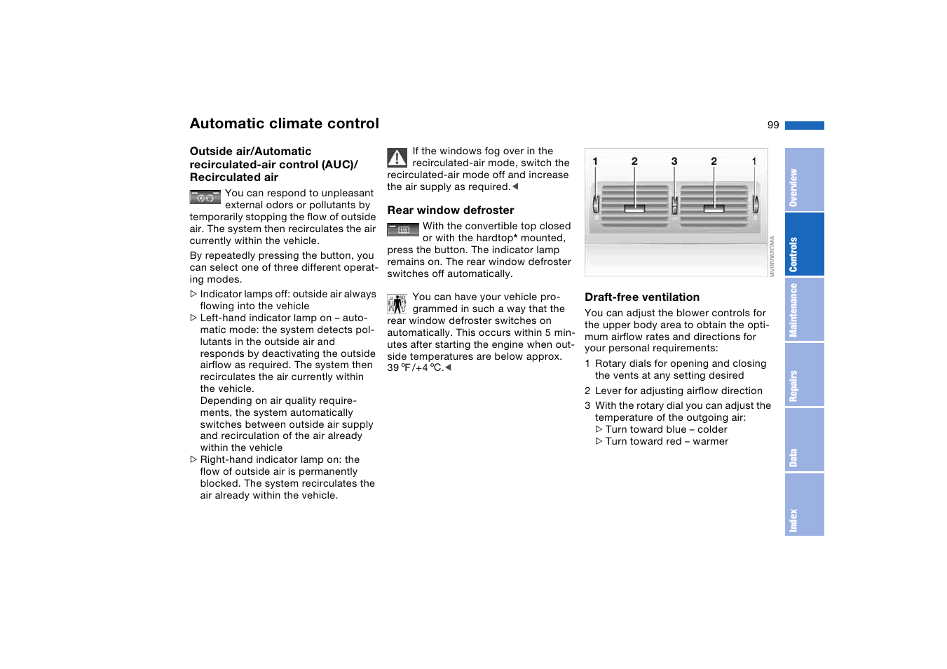 Rear window defroster, Air for the upper body area, Automatic climate control | BMW M3 Convertible 2004 User Manual | Page 99 / 174