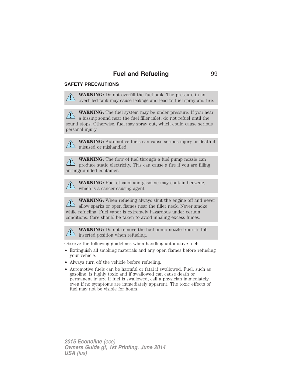 Fuel and refueling, Safety precautions, Fuel and refueling 99 | FORD 2015 E-450 User Manual | Page 100 / 360