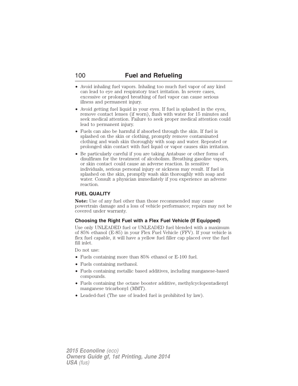 Fuel quality, 100 fuel and refueling | FORD 2015 E-450 User Manual | Page 101 / 360