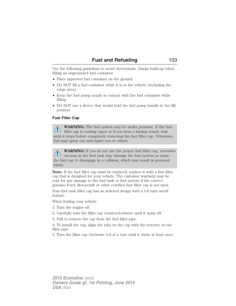 Fuel filler cap, Fuel and refueling 103 | FORD 2015 E-450 User Manual | Page 104 / 360