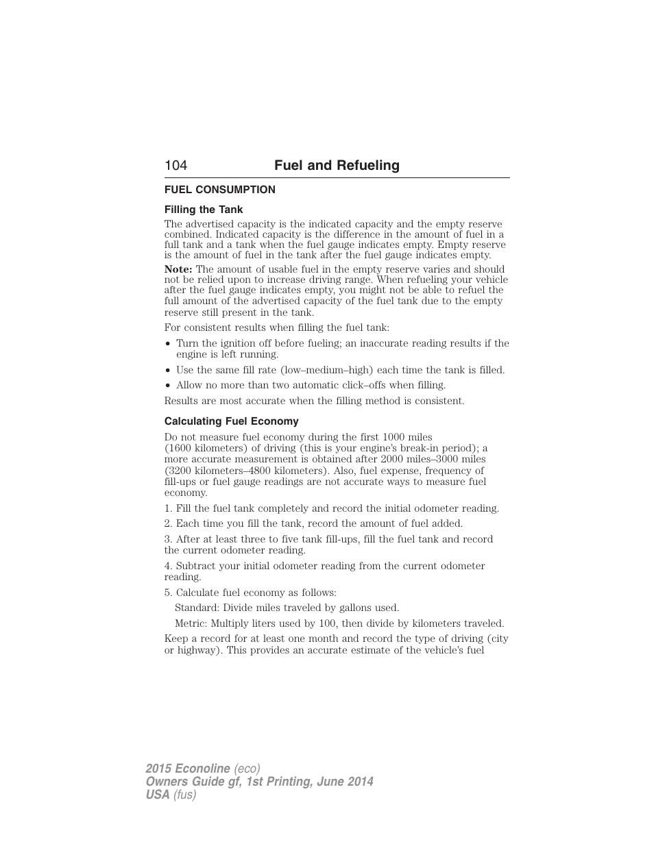 Fuel consumption, Filling the tank, Calculating fuel economy | 104 fuel and refueling | FORD 2015 E-450 User Manual | Page 105 / 360