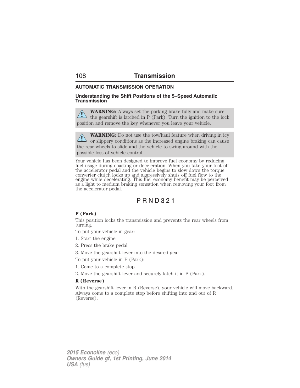 Transmission, Automatic transmission operation, Transmission operation | 108 transmission | FORD 2015 E-450 User Manual | Page 109 / 360