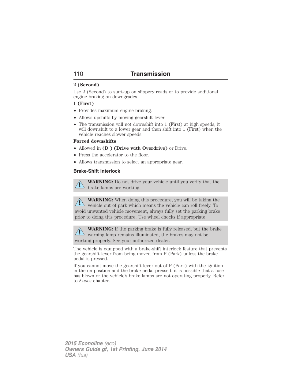 Brake-shift interlock, 110 transmission | FORD 2015 E-450 User Manual | Page 111 / 360