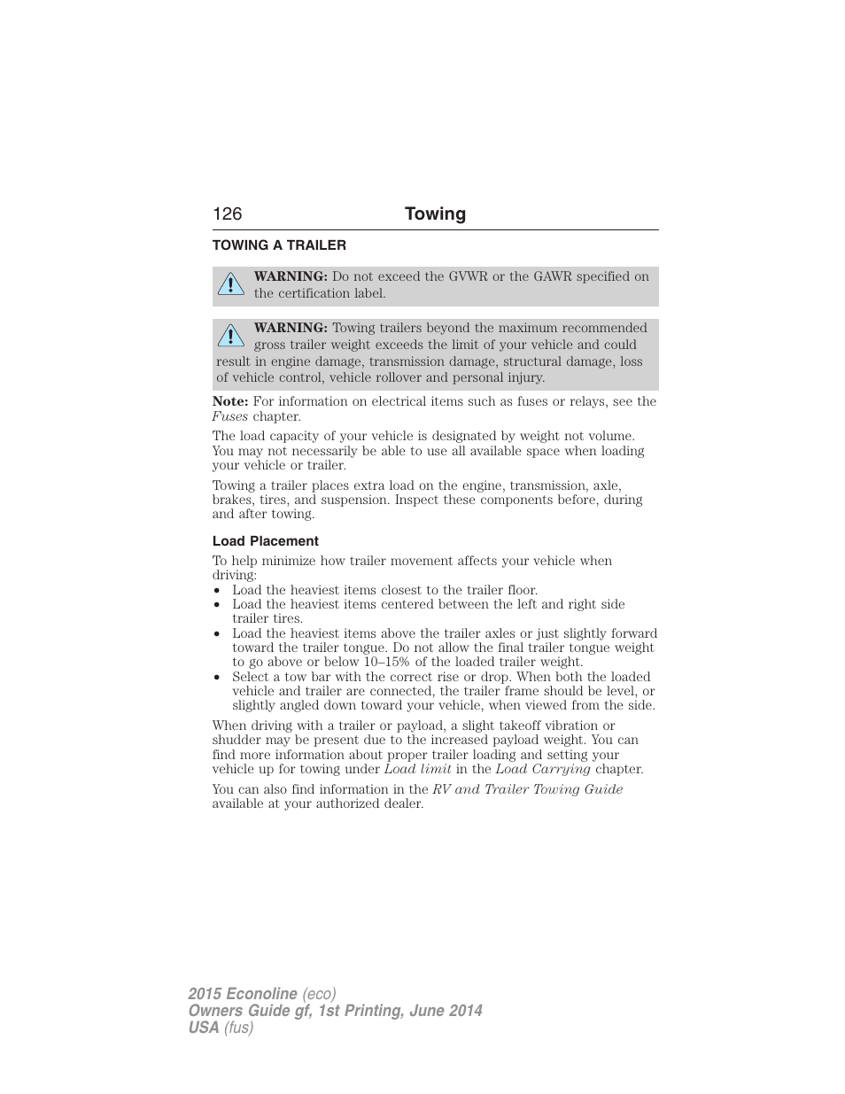 Towing, Towing a trailer, Load placement | Trailer towing, 126 towing | FORD 2015 E-450 User Manual | Page 127 / 360