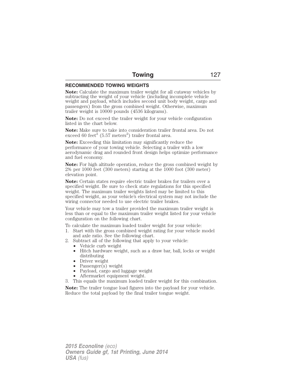 Recommended towing weights, Towing 127 | FORD 2015 E-450 User Manual | Page 128 / 360