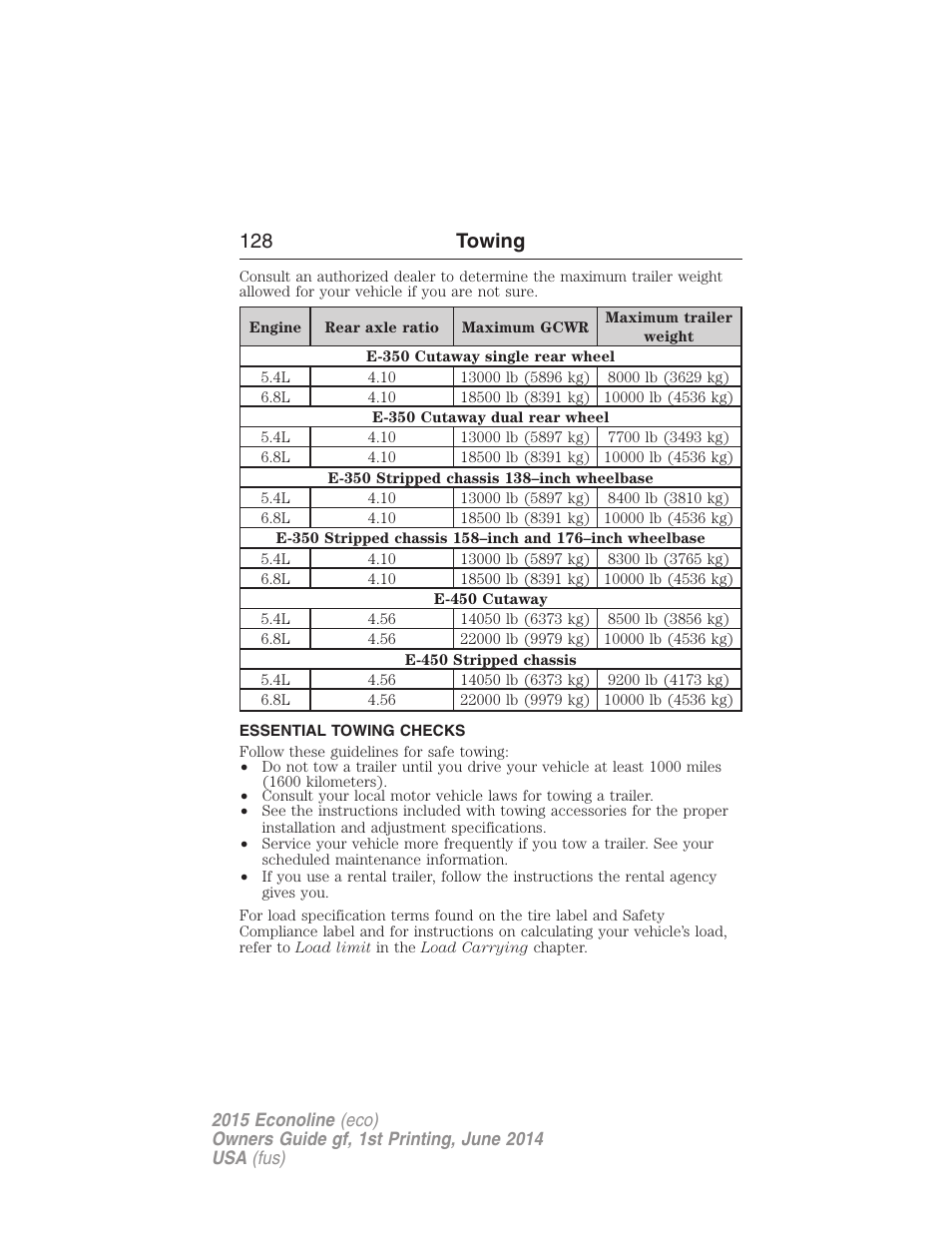 Essential towing checks, 128 towing | FORD 2015 E-450 User Manual | Page 129 / 360