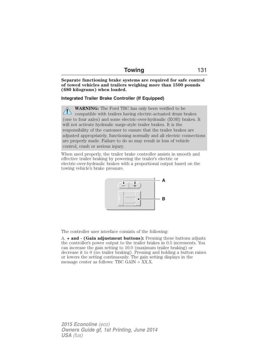 Integrated trailer brake controller (if equipped), Trailer brake controller-integrated, Towing 131 | FORD 2015 E-450 User Manual | Page 132 / 360