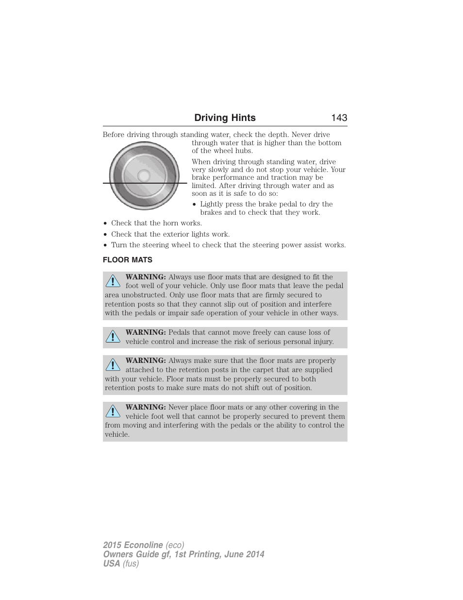 Floor mats, Driving hints 143 | FORD 2015 E-450 User Manual | Page 144 / 360