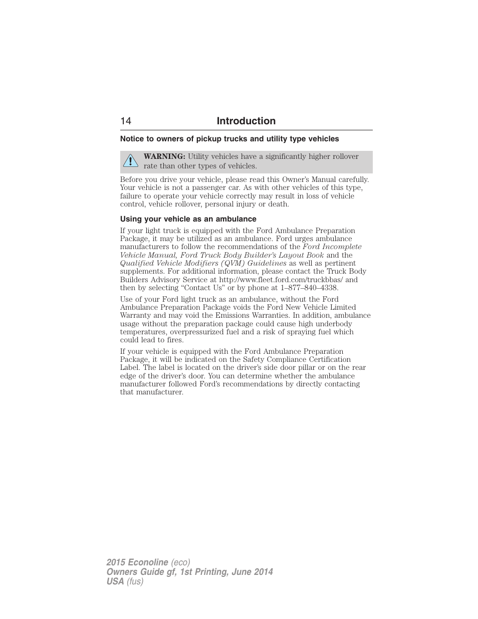 Using your vehicle as an ambulance, 14 introduction | FORD 2015 E-450 User Manual | Page 15 / 360