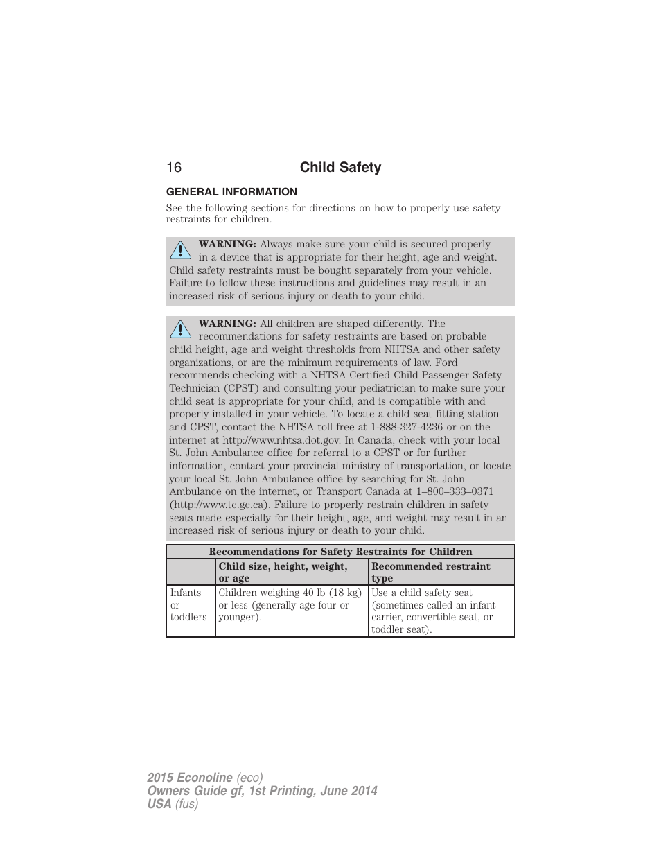 Child safety, General information, 16 child safety | FORD 2015 E-450 User Manual | Page 17 / 360