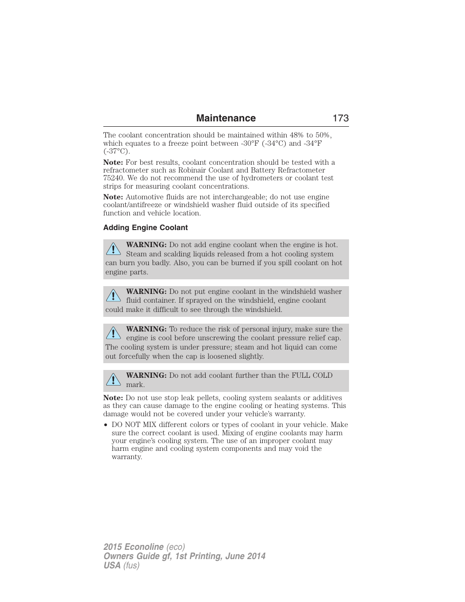 Adding engine coolant, Maintenance 173 | FORD 2015 E-450 User Manual | Page 174 / 360