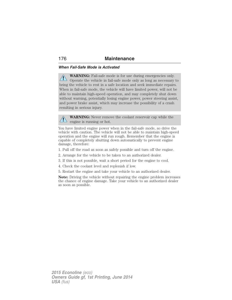 When fail-safe mode is activated, 176 maintenance | FORD 2015 E-450 User Manual | Page 177 / 360