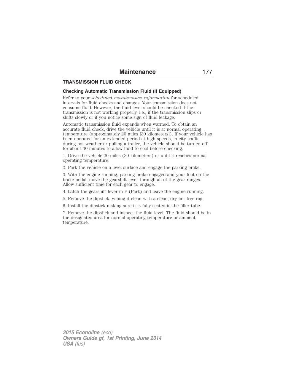 Transmission fluid check, Automatic transmission fluid check, Maintenance 177 | FORD 2015 E-450 User Manual | Page 178 / 360