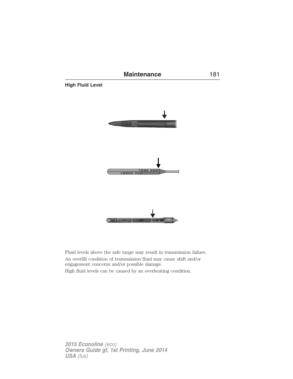 High fluid level, Maintenance 181 | FORD 2015 E-450 User Manual | Page 182 / 360