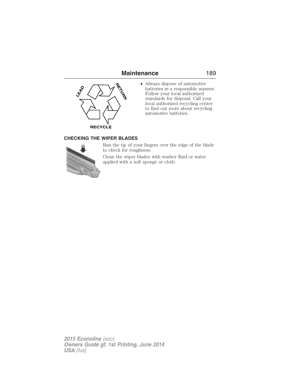 Checking the wiper blades, Maintenance 189 | FORD 2015 E-450 User Manual | Page 190 / 360