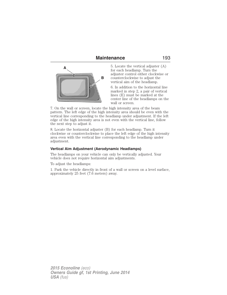 Vertical aim adjustment (aerodynamic headlamps), Maintenance 193 | FORD 2015 E-450 User Manual | Page 194 / 360