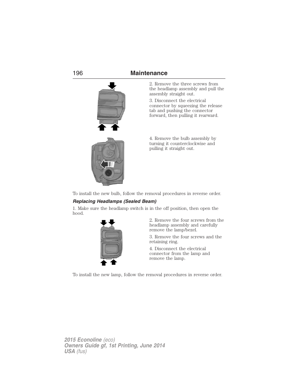 Replacing headlamps (sealed beam), 196 maintenance | FORD 2015 E-450 User Manual | Page 197 / 360