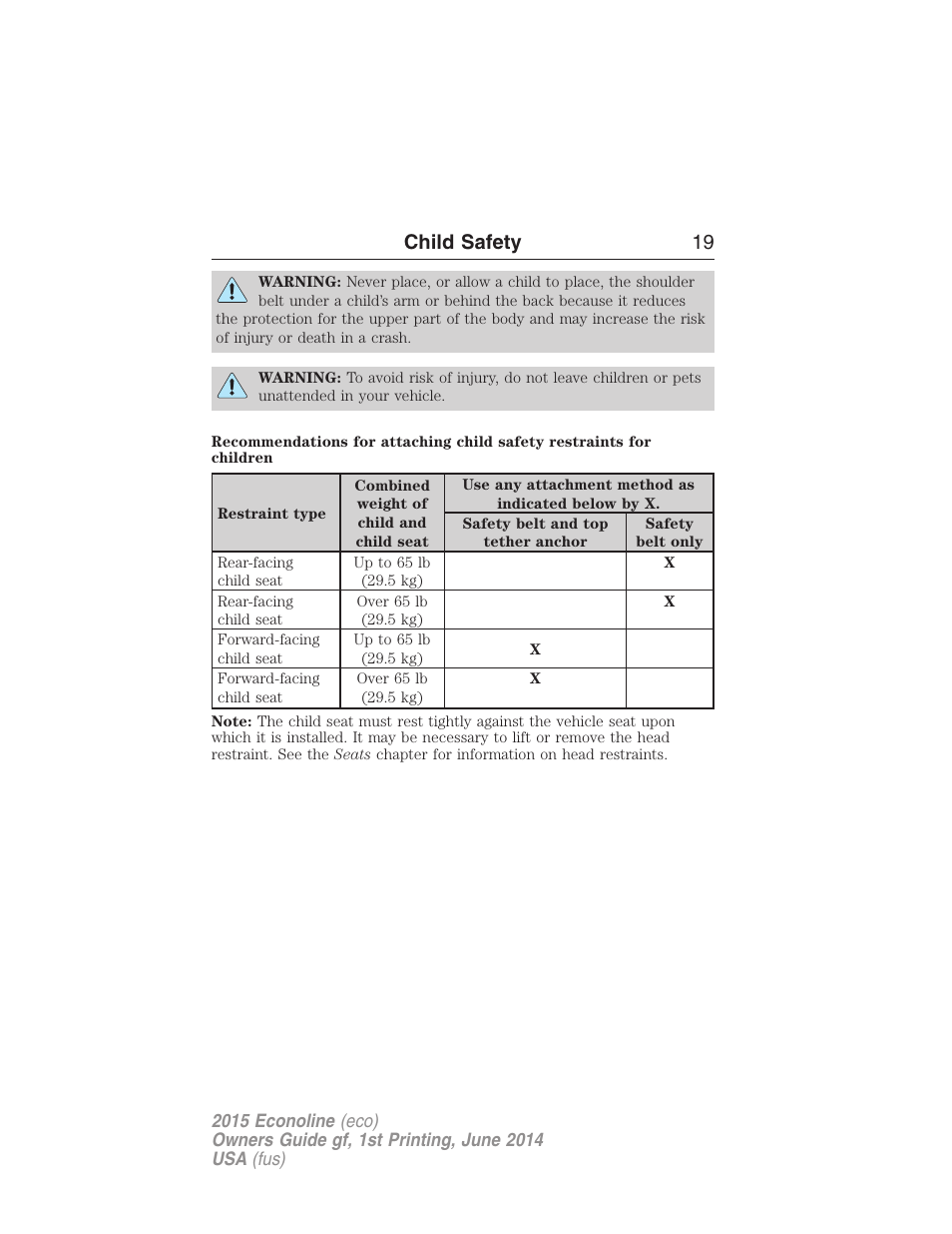 Child safety 19 | FORD 2015 E-450 User Manual | Page 20 / 360