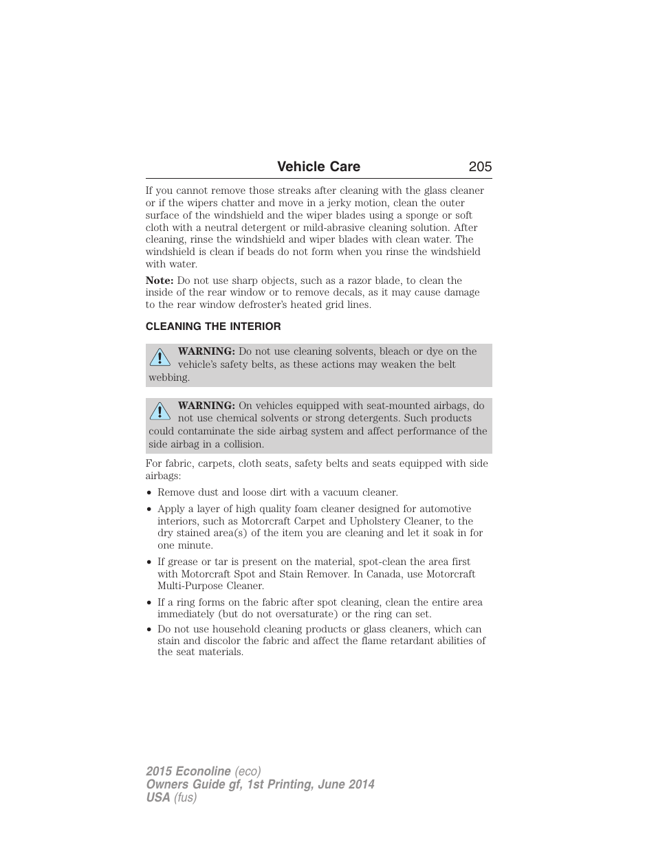 Cleaning the interior, Vehicle care 205 | FORD 2015 E-450 User Manual | Page 206 / 360