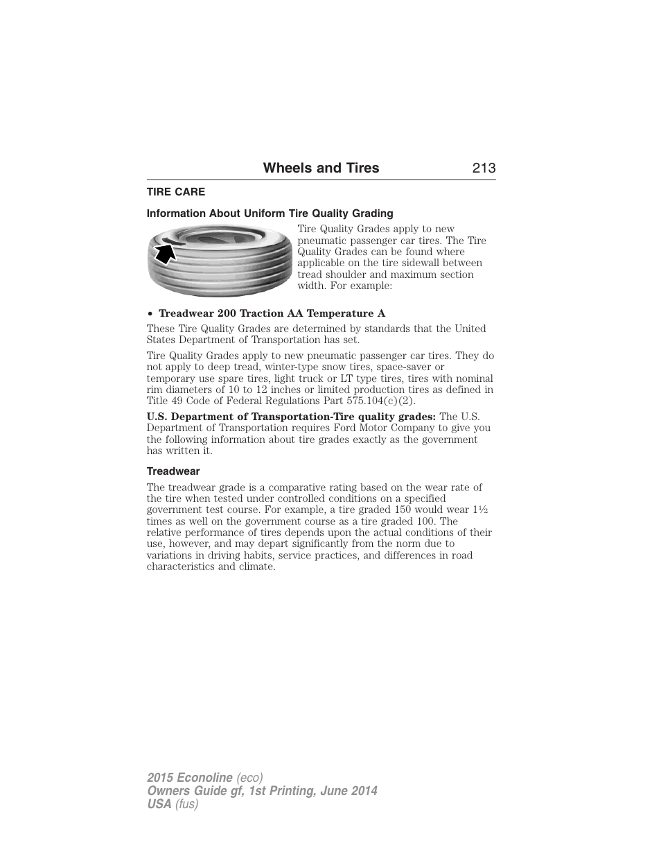 Tire care, Information about uniform tire quality grading, Treadwear | Wheels and tires 213 | FORD 2015 E-450 User Manual | Page 214 / 360