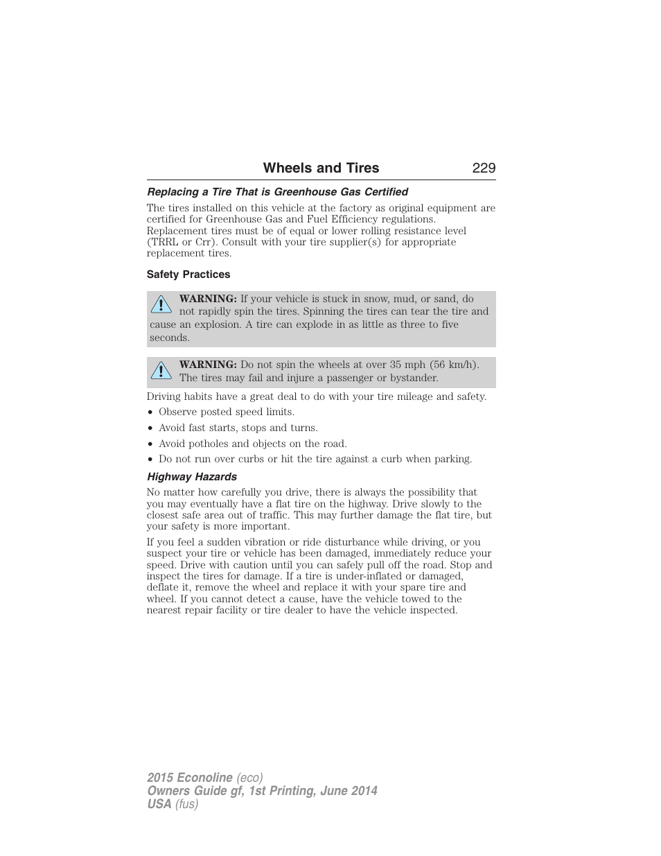 Replacing a tire that is greenhouse gas certified, Safety practices, Highway hazards | Wheels and tires 229 | FORD 2015 E-450 User Manual | Page 230 / 360