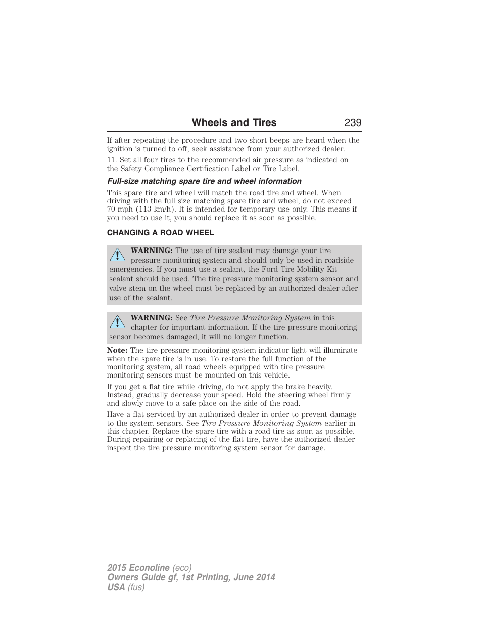 Changing a road wheel, Wheels and tires 239 | FORD 2015 E-450 User Manual | Page 240 / 360