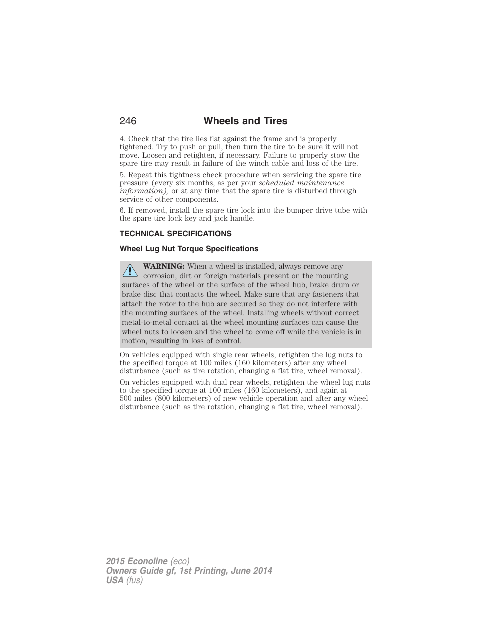 Technical specifications, Wheel lug nut torque specifications, Wheel lug nut torque | 246 wheels and tires | FORD 2015 E-450 User Manual | Page 247 / 360