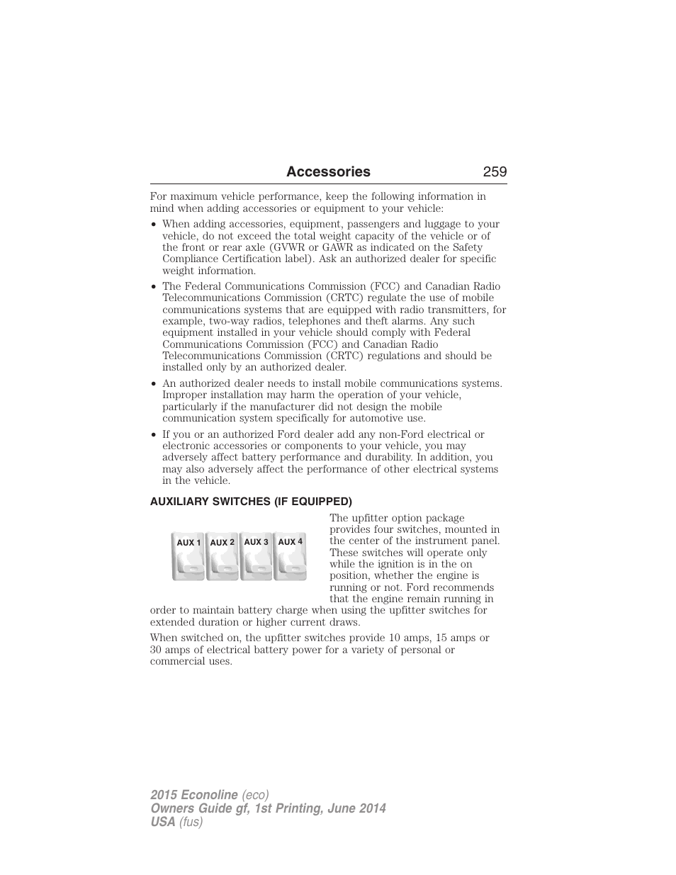 Auxiliary switches (if equipped), Upfitter controls, Accessories 259 | FORD 2015 E-450 User Manual | Page 260 / 360