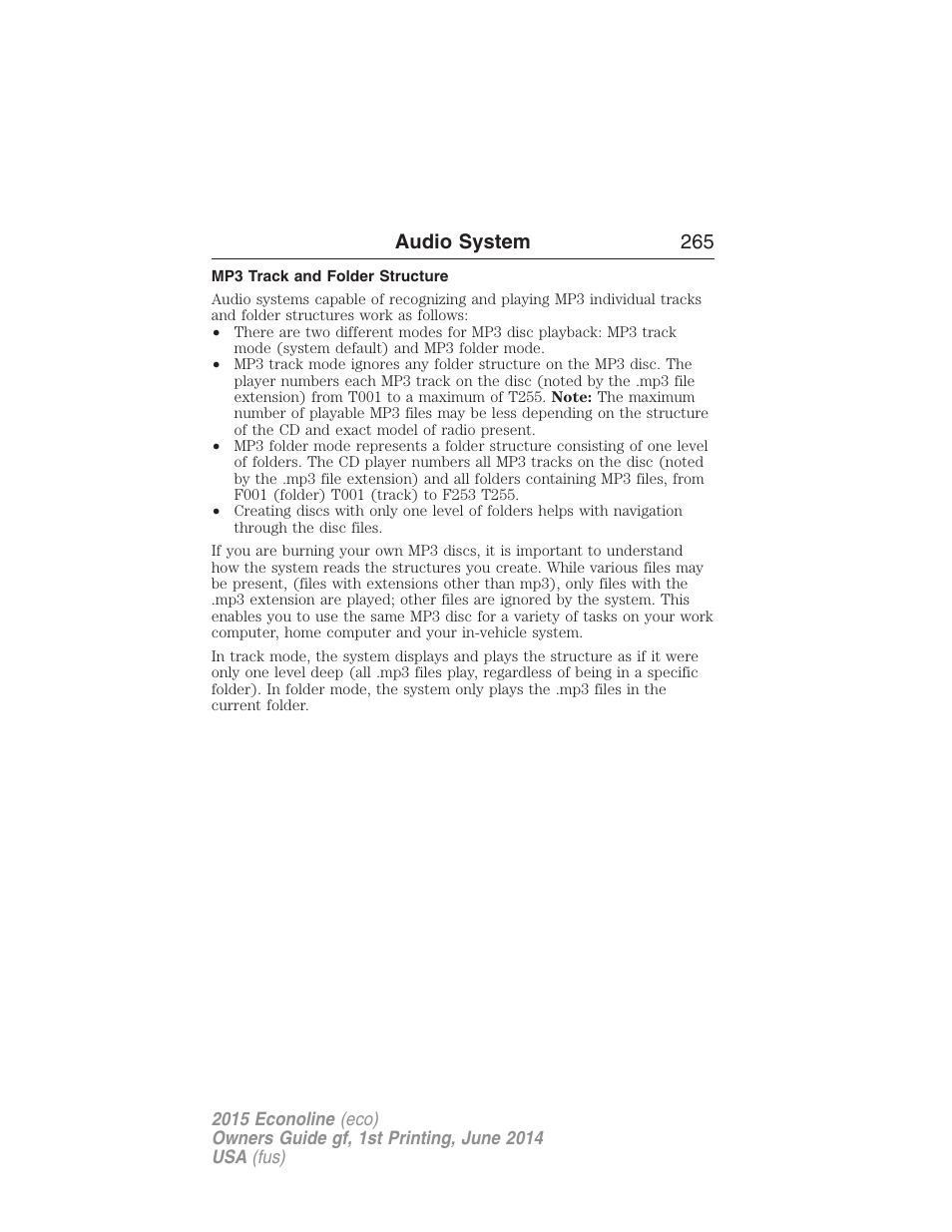 Mp3 track and folder structure, Audio system 265 | FORD 2015 E-450 User Manual | Page 266 / 360