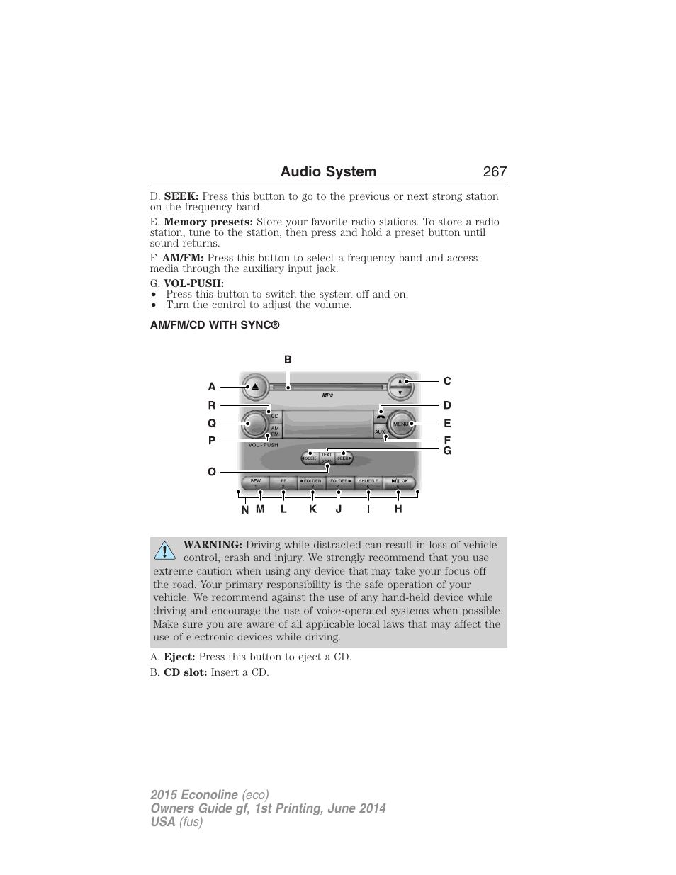 Am/fm/cd with sync, Audio system 267 | FORD 2015 E-450 User Manual | Page 268 / 360