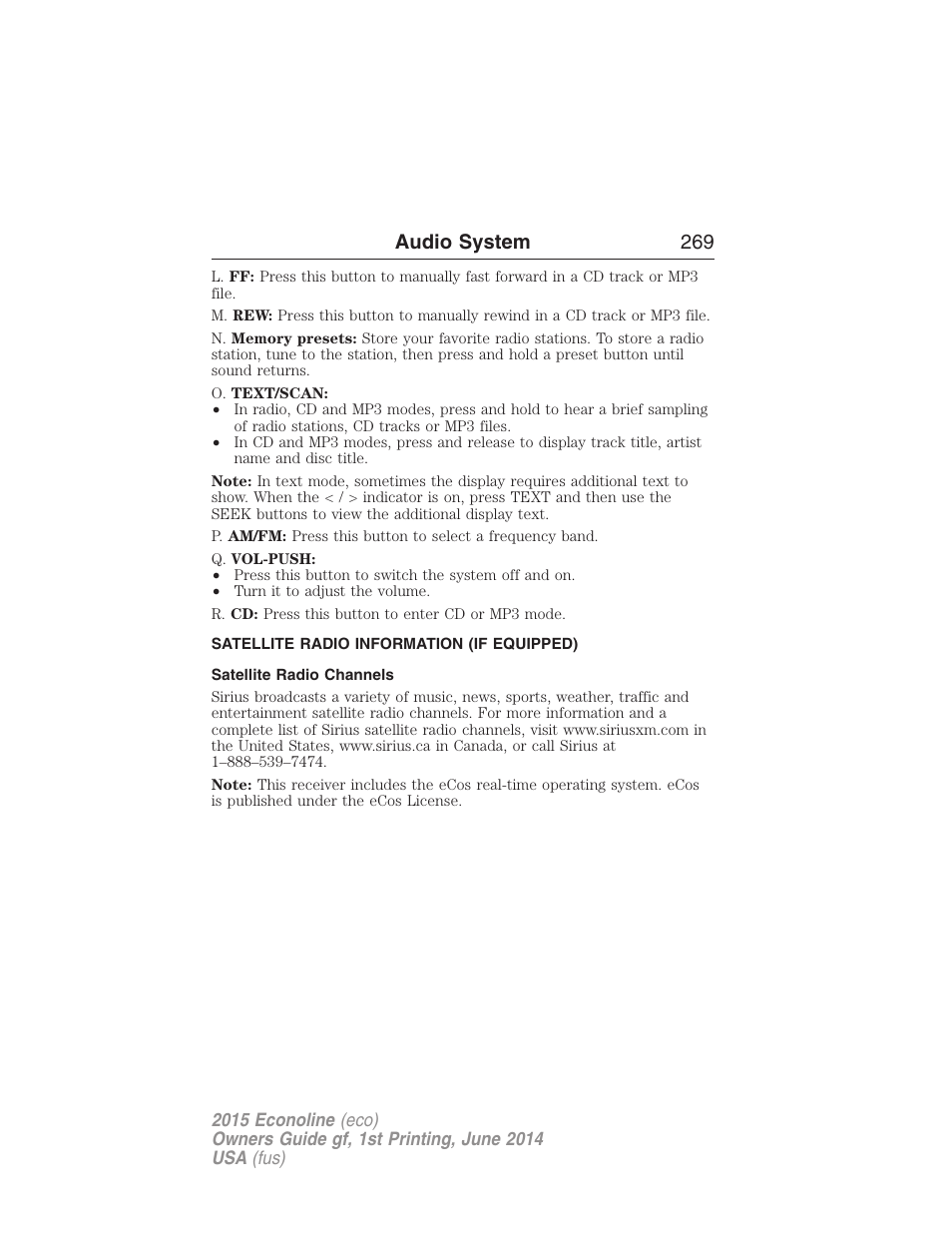 Satellite radio information (if equipped), Satellite radio channels, Satellite radio information | Audio system 269 | FORD 2015 E-450 User Manual | Page 270 / 360