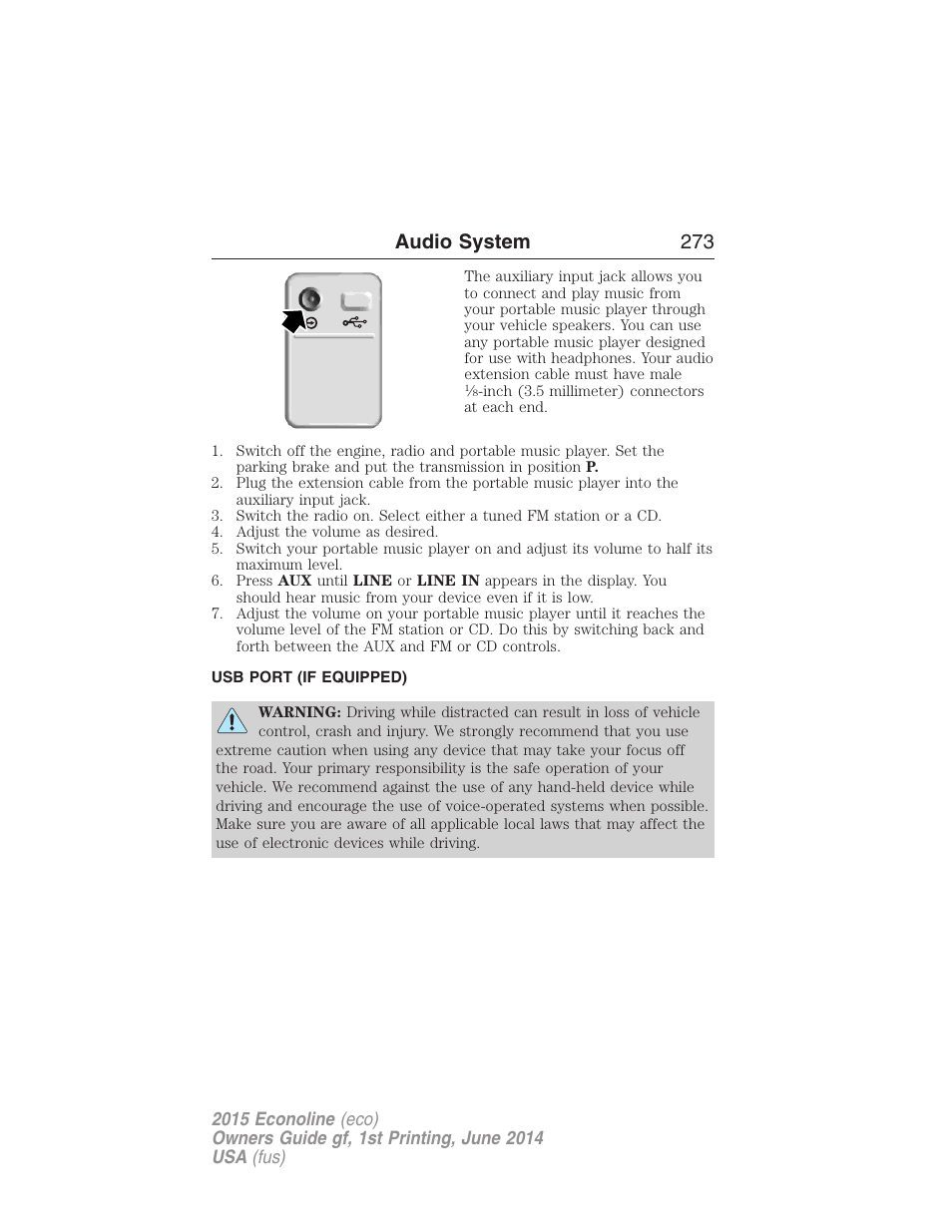 Usb port (if equipped), Usb port, Audio system 273 | FORD 2015 E-450 User Manual | Page 274 / 360