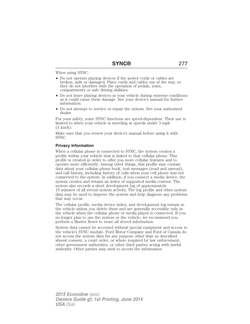 Privacy information, Sync® 277 | FORD 2015 E-450 User Manual | Page 278 / 360