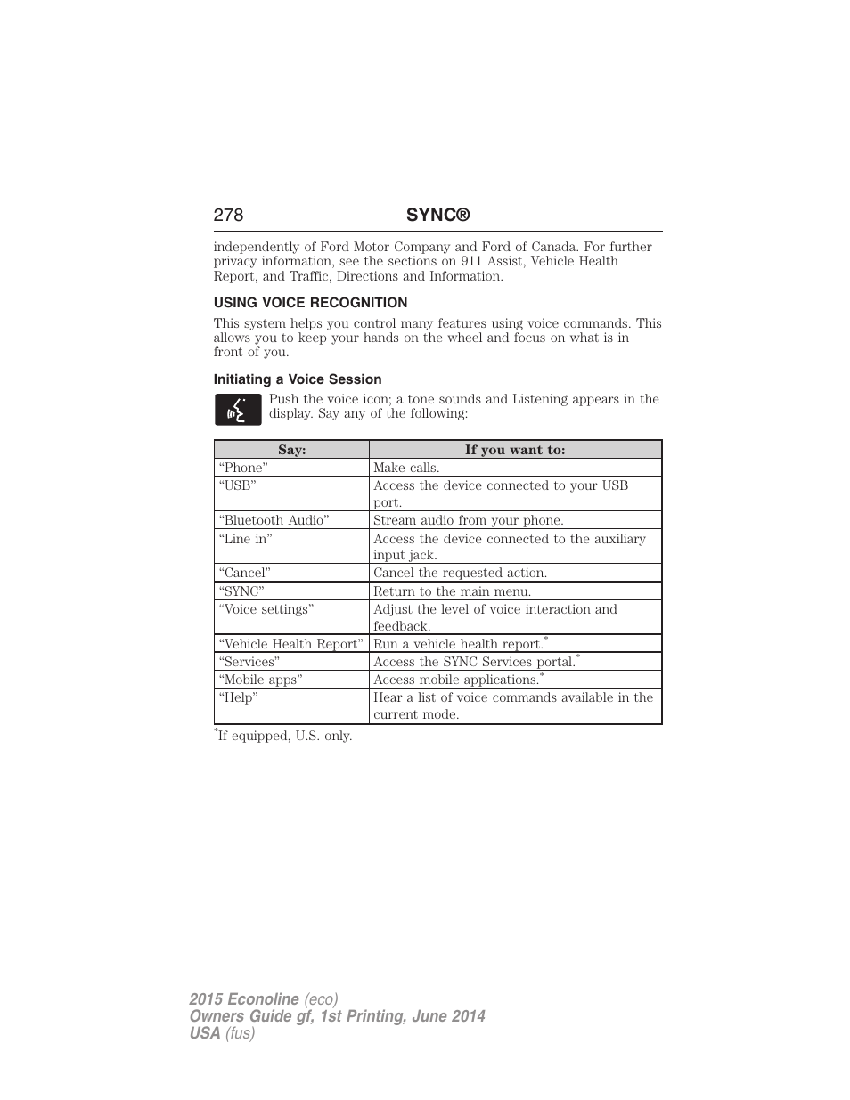 Using voice recognition, Initiating a voice session, 278 sync | FORD 2015 E-450 User Manual | Page 279 / 360