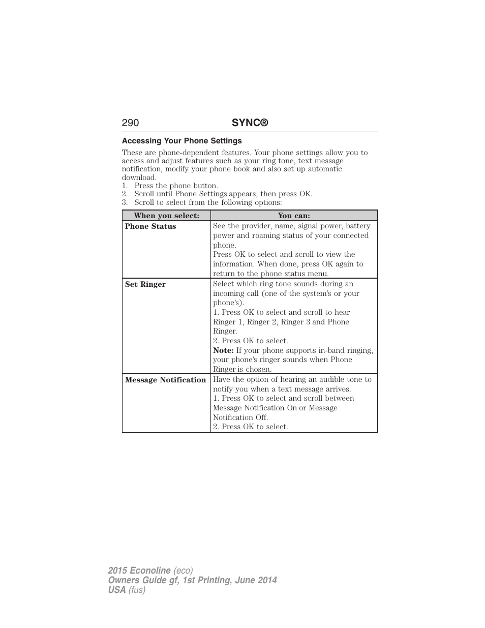 Accessing your phone settings, 290 sync | FORD 2015 E-450 User Manual | Page 291 / 360