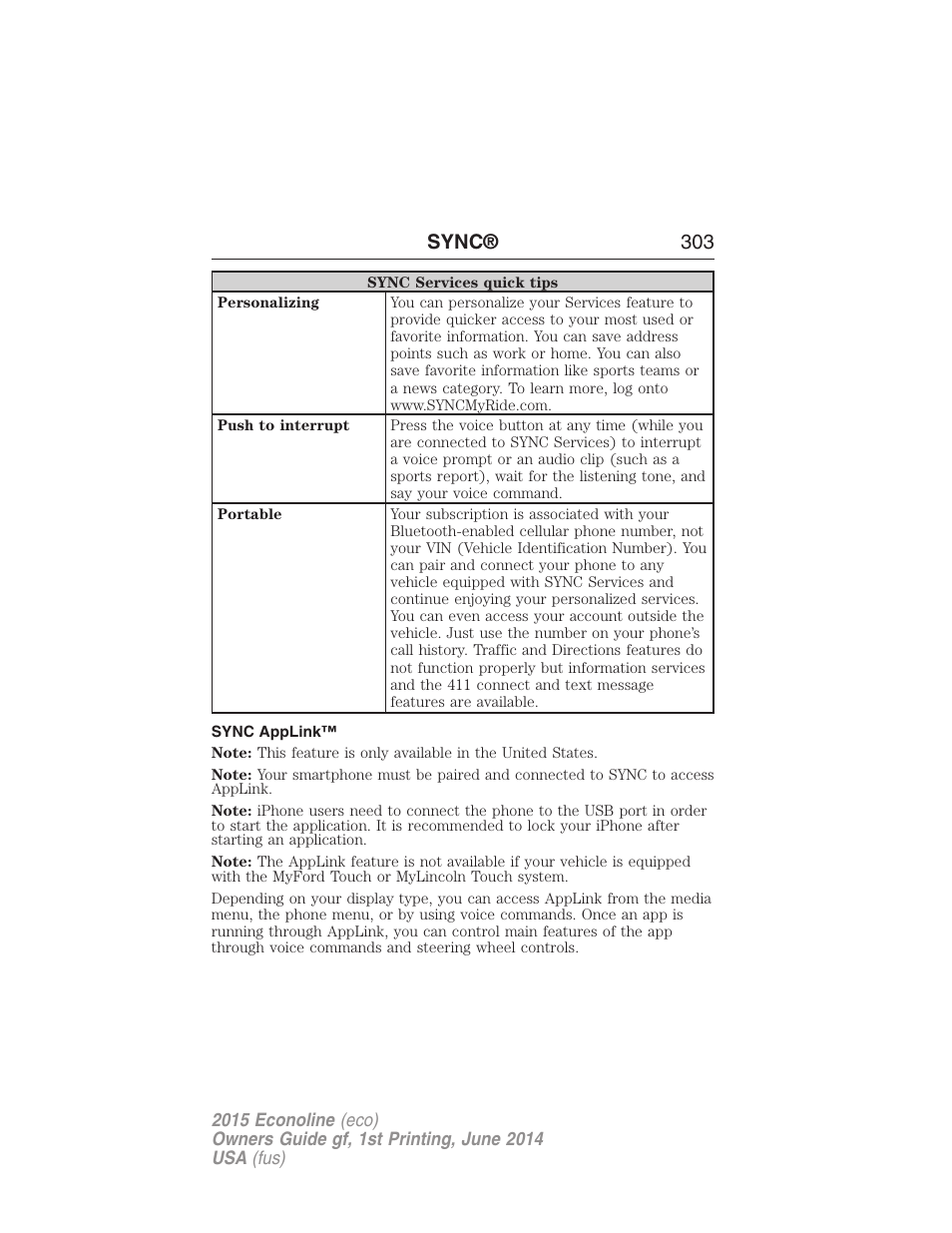 Sync applink, Sync® 303 | FORD 2015 E-450 User Manual | Page 304 / 360