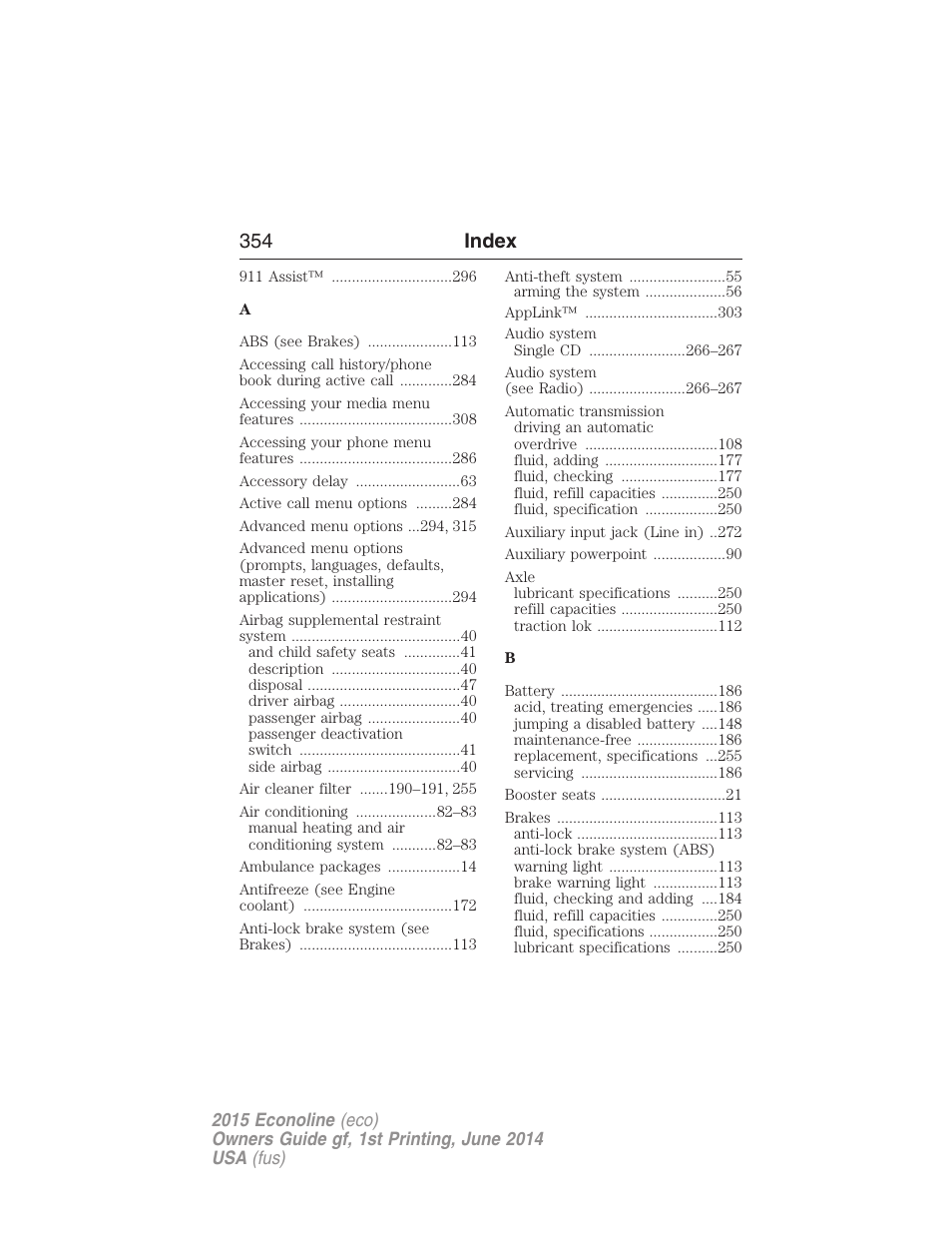 Index, 354 index | FORD 2015 E-450 User Manual | Page 355 / 360