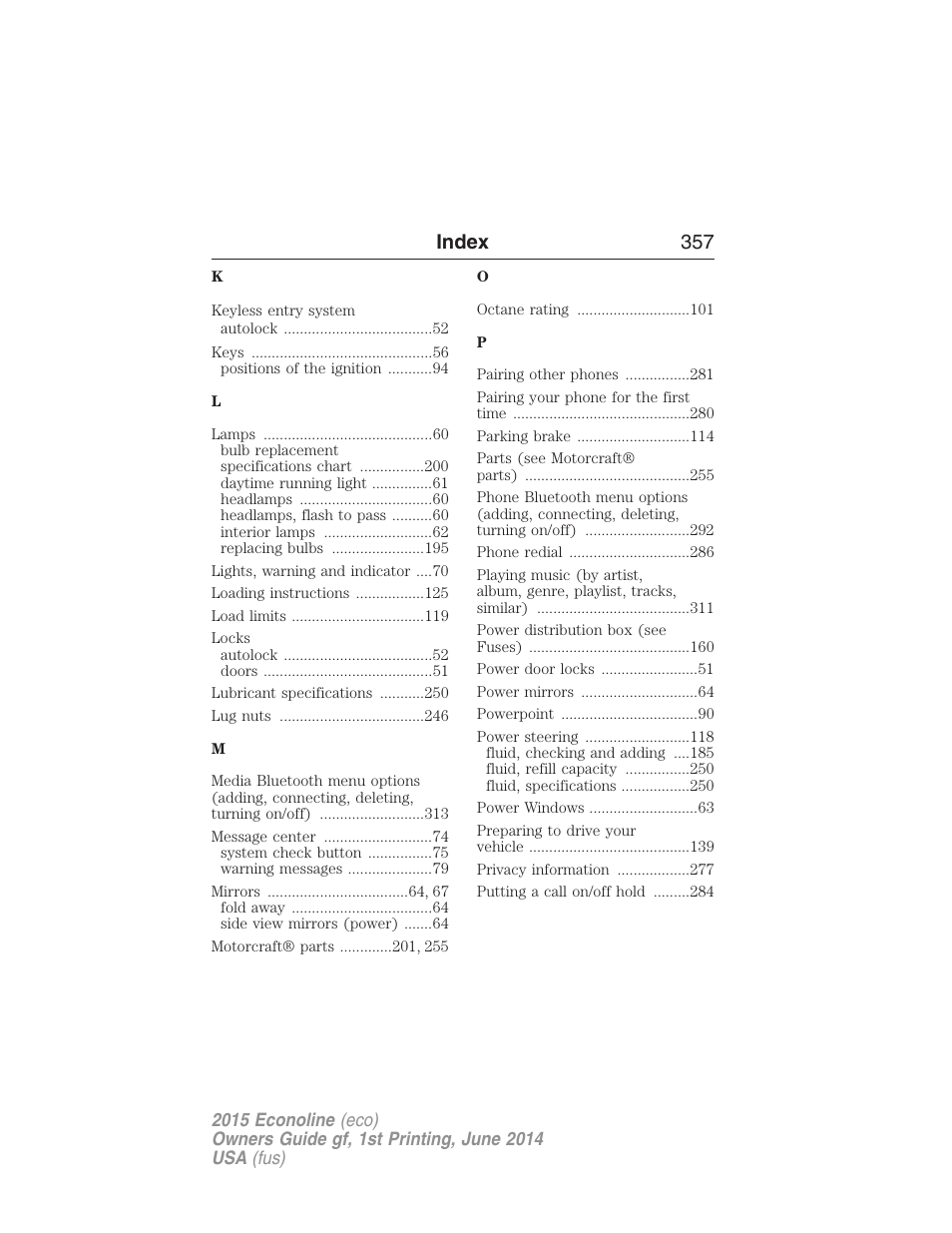 Index 357 | FORD 2015 E-450 User Manual | Page 358 / 360