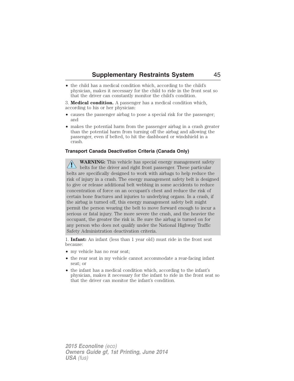 Supplementary restraints system 45 | FORD 2015 E-450 User Manual | Page 46 / 360