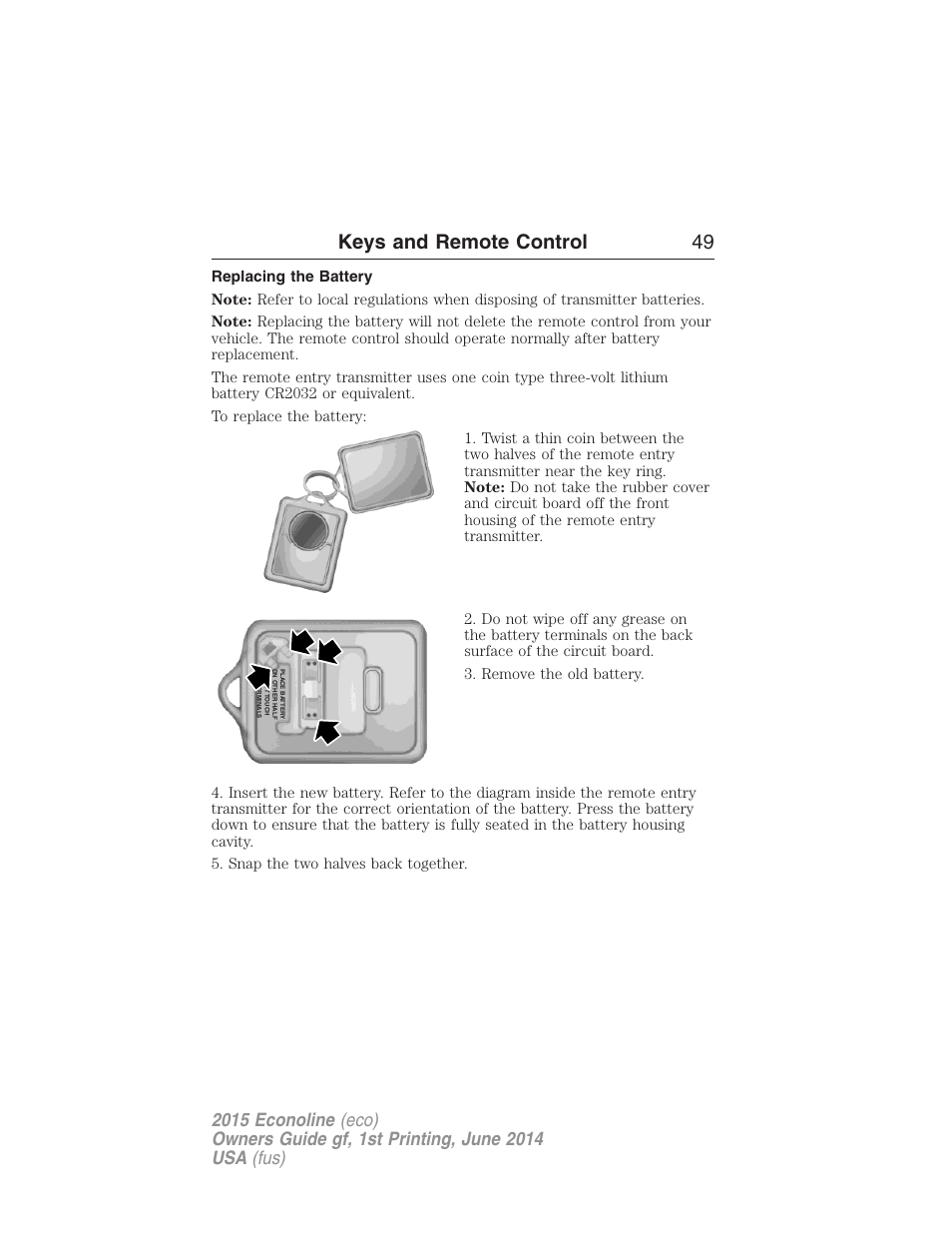 Replacing the battery, Keys and remote control 49 | FORD 2015 E-450 User Manual | Page 50 / 360