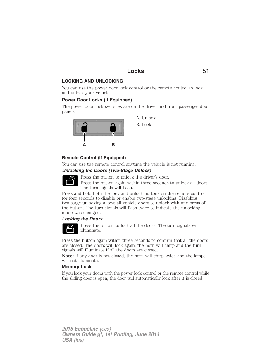 Locks, Locking and unlocking, Power door locks (if equipped) | Remote control (if equipped), Unlocking the doors (two-stage unlock), Locking the doors, Memory lock, Locks 51 | FORD 2015 E-450 User Manual | Page 52 / 360