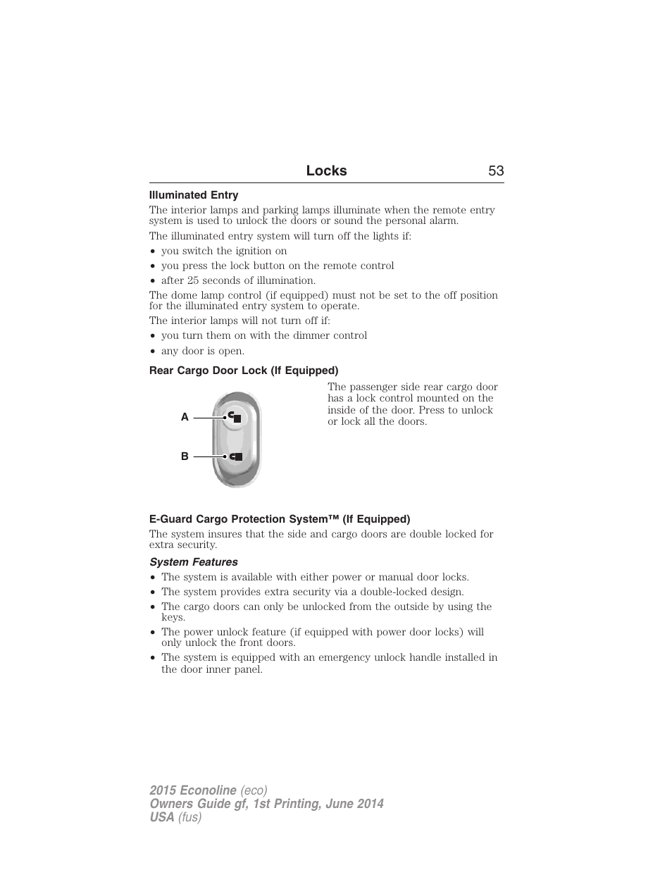 Illuminated entry, Rear cargo door lock (if equipped), E-guard cargo protection system™ (if equipped) | System features, Locks 53 | FORD 2015 E-450 User Manual | Page 54 / 360