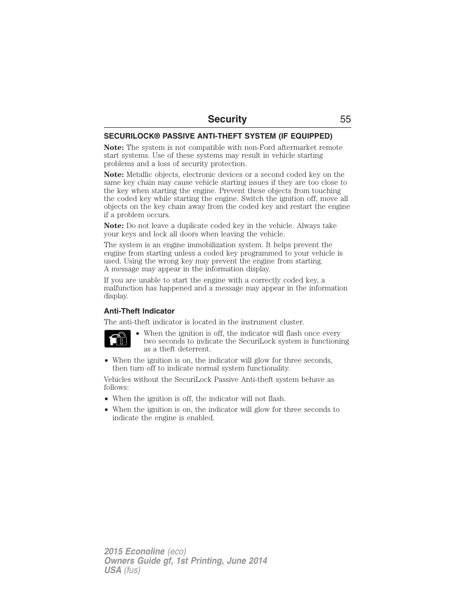 Security, Anti-theft indicator, Securilock® passive anti-theft system | Security 55 | FORD 2015 E-450 User Manual | Page 56 / 360