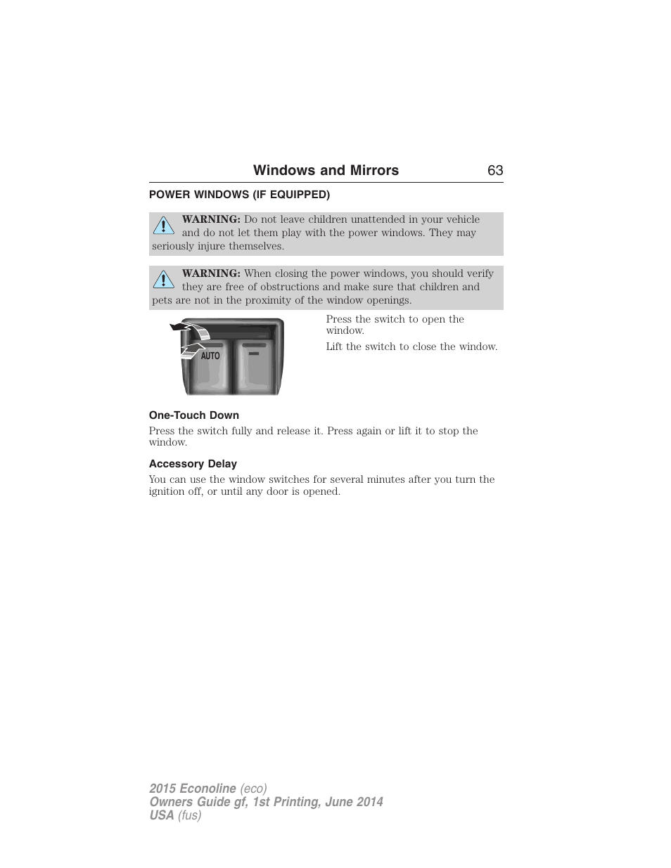 Windows and mirrors, Power windows (if equipped), One-touch down | Accessory delay, Power windows, Windows and mirrors 63 | FORD 2015 E-450 User Manual | Page 64 / 360