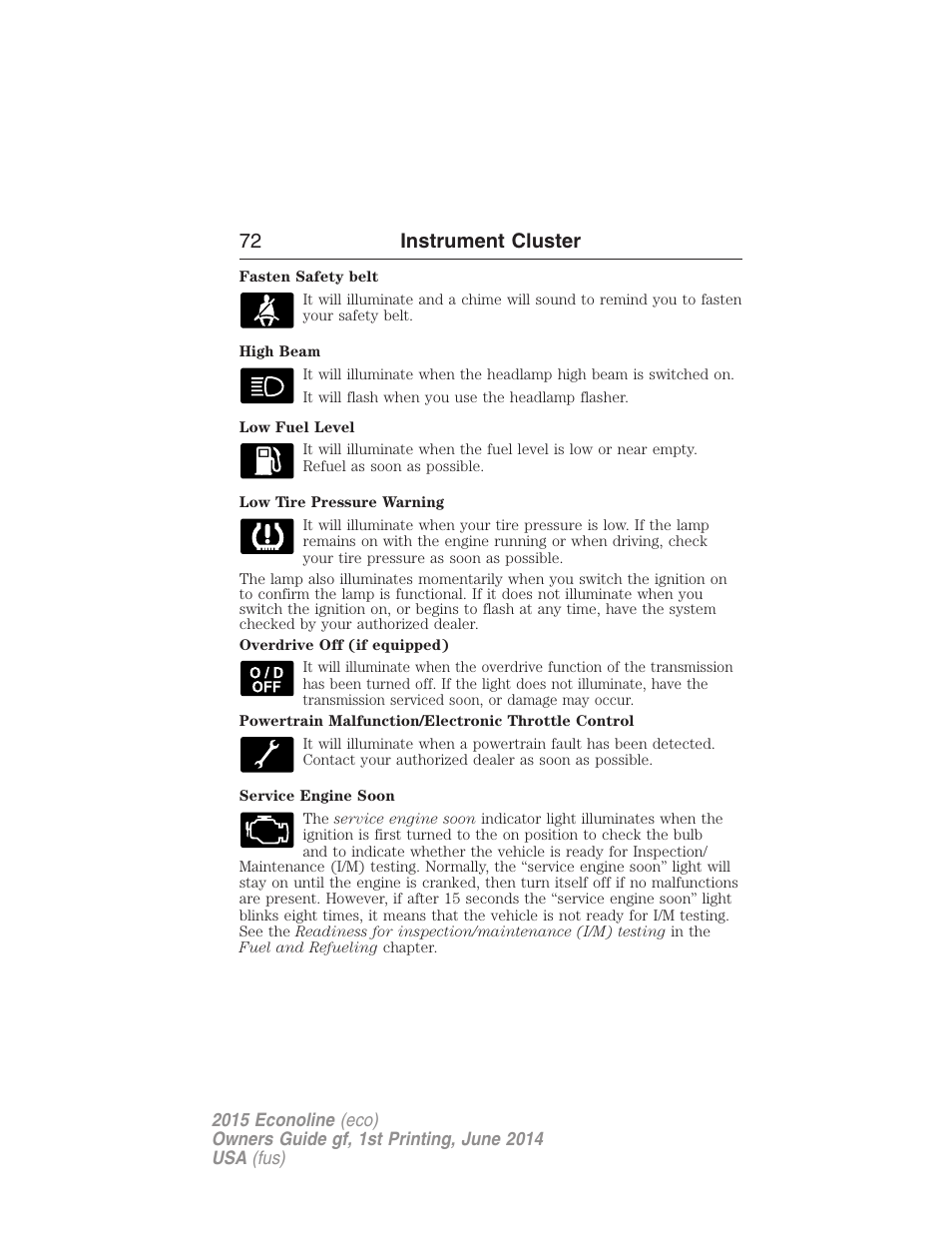 72 instrument cluster | FORD 2015 E-450 User Manual | Page 73 / 360