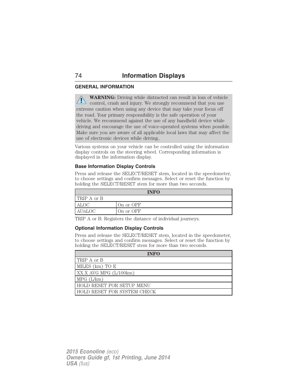 Information displays, General information, Base information display controls | Optional information display controls, Controls, 74 information displays | FORD 2015 E-450 User Manual | Page 75 / 360