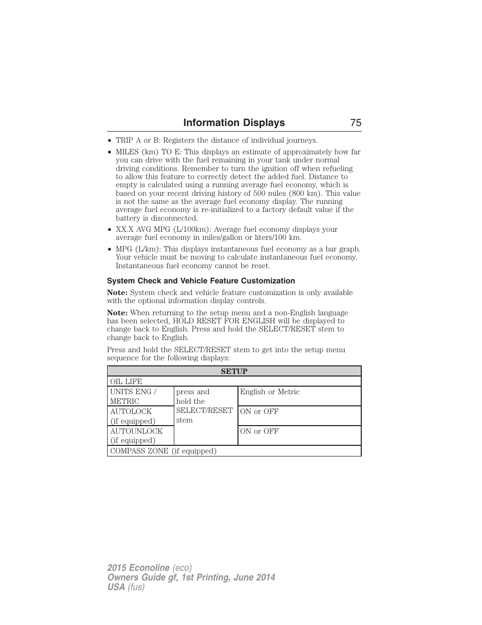 System check and vehicle feature customization, Information displays 75 | FORD 2015 E-450 User Manual | Page 76 / 360