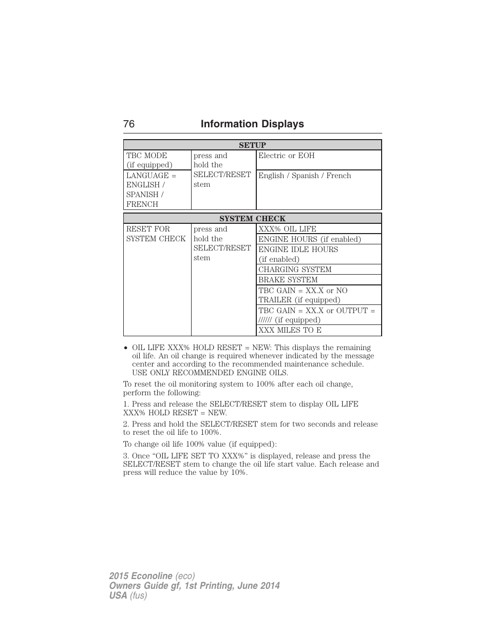 76 information displays | FORD 2015 E-450 User Manual | Page 77 / 360