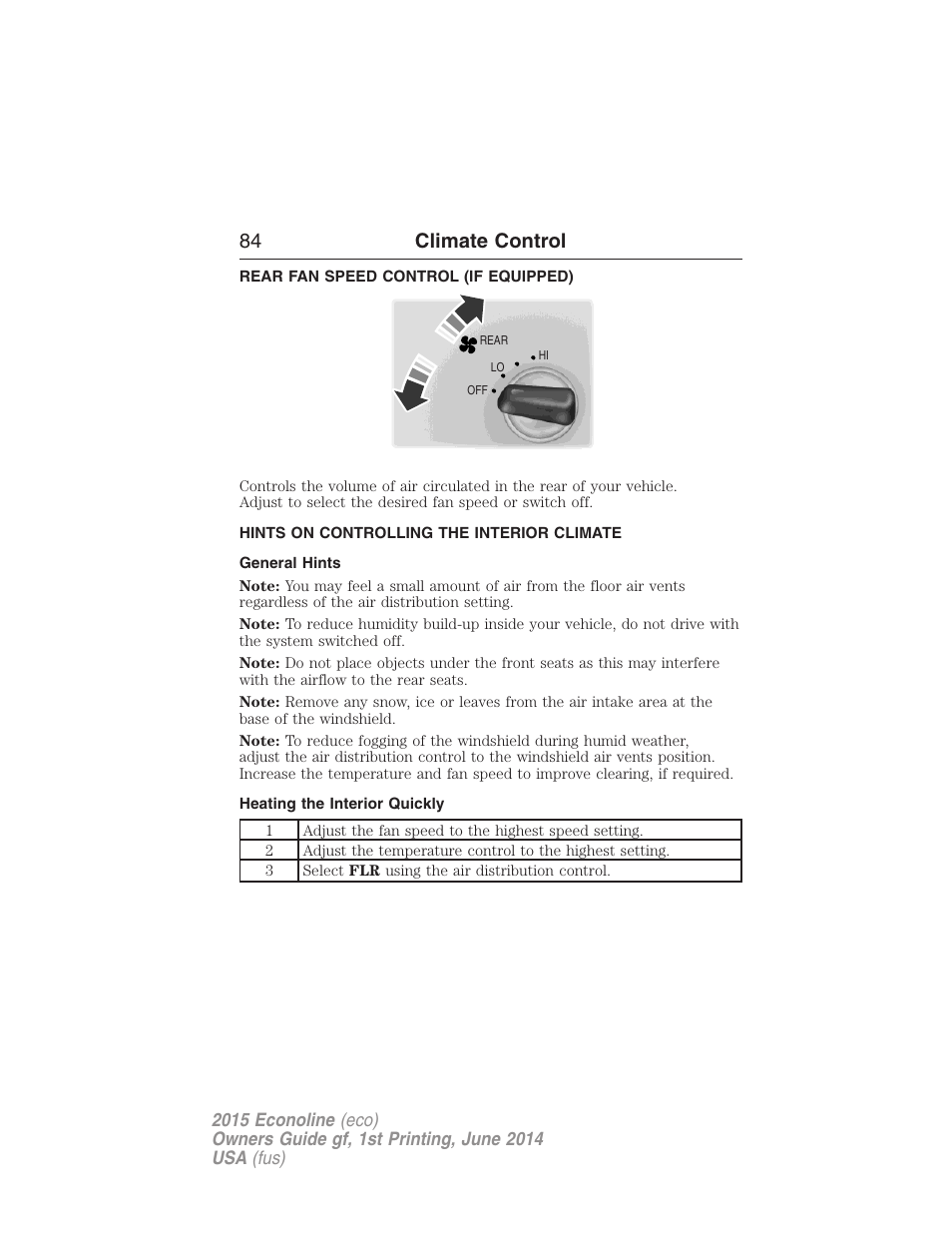 Rear fan speed control (if equipped), Hints on controlling the interior climate, General hints | Heating the interior quickly, 84 climate control | FORD 2015 E-450 User Manual | Page 85 / 360